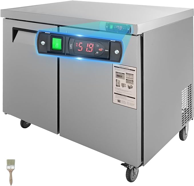 VEVOR Commercial Refrigerator, 48" Worktop Undercounter Refrigerator, 12.85 Cu. Ft Thick Stainless Steel Refrigerated Food Prep Station, 2 Door Worktop Fridge with lock for Restaurant, Bar, Diner