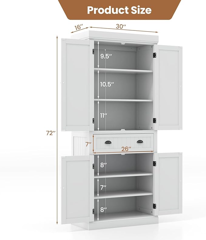 DORTALA 72” Tall Kitchen Pantry Cabinet, Wood Storage Cupboard w/ 4 Adjustable Shelves, 2 Cabinets & Drawer, Utility Freestanding Storage Cabinet for Kitchen, Hallway, Living Room, White