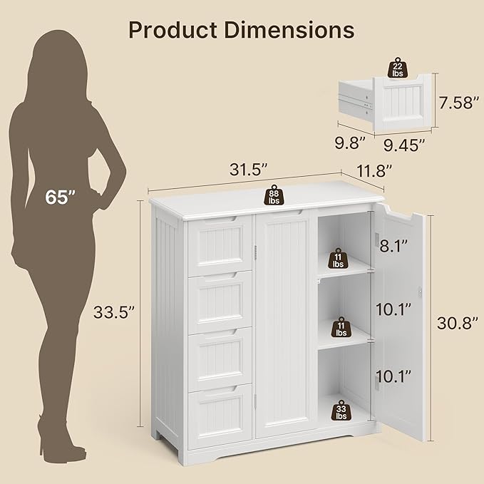 Gizoon Storage Cabinet, Bathroom Floor Cabinet, Kitchen Pantry, Side Storage Organizer with 4 Drawers & Double Doors, Adjustable Shelf, for Bathroom, Living Room, Entryway, White