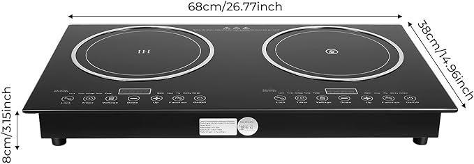 Double Induction Cooktop, 1200W+1200W Electric Cooktop with LED Display and Timer, Built-in and Countertop Stove Top for 4.72-9.65 inches Diameter for Home Kitchen, Flat, Restaurant
