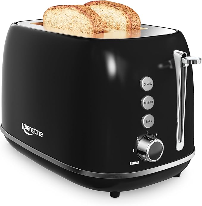 2 Slice Retro Stainless Steel Toaster with Bagel, Cancel, Defrost Function and 6 Bread Shade Settings Bread Toaster, Extra Wide Slot and Removable Crumb Tray (Black)