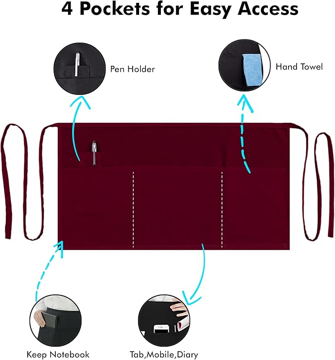 Dreamology Waitress Apron,Aprons for Women With Pockets,Server Aprons with 3 pockets,Apron For Men and Women,Gardening and Waist Apron,Server aprons with 3 pockets - Maroon Waist Apron (3 Pack)