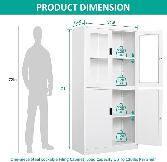 SISESOL Storage Cabinet with Glass Doors and Shelves, Freestanding Kitchen Pantry Cabinet for Home, Office, Bathroom