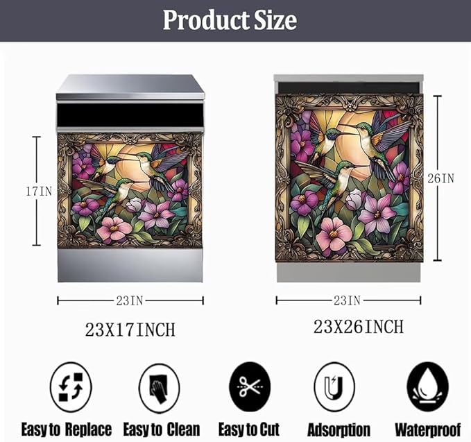 Stained Glass Hummingbird Dishwasher Cover, Flower Dishwasher Magnet Covers Decorative for The Front, Magnetic Refrigerator Cover Fridge Decal, Dish Washer Magnet Appliance Sticker, 23"X26"