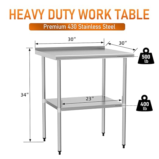 Stainless Steel Table for Prep & Work 30" X 30" inches with Adjustable Undershelf and Backsplash, Commercial Workstations, Utility Table in Kitchen Garage Outdoor BBQ