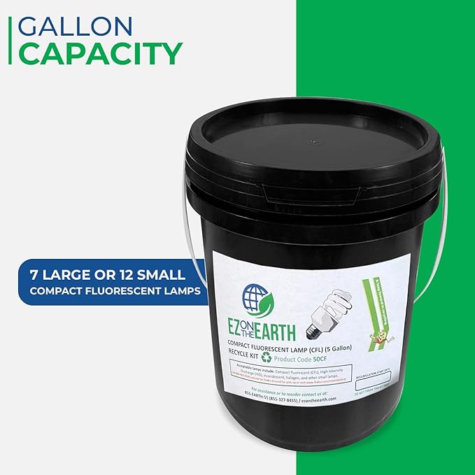 Recycling Container for Compact Fluorescent Lamps – 5 Gallons Recycling Kit for Mini Spiral Light Bulbs (Recycling Bin for 45 – 90 Units) (Model – 50CF)
