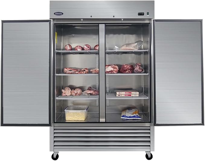 54" Commercial Upright Freezer with 2 Solid Door, 46 Cu.Ft Stainless Steel Reach-in Freezer, -10℉ ~ 10℉, Fan Cooling Freezer with 6 Shelves for Restaurant Bar Garage, ETL and DOE Approved