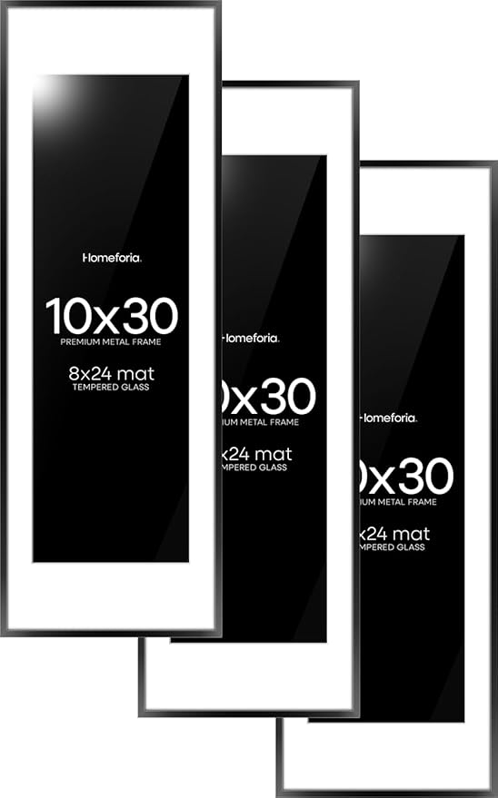 Homeforia 10x30 Picture Frame Black, High End Metal 10x30 Poster Frames with Mat 8x24 for Photo, 10 x 30 Black Frame Matted to 8 by 24 Print, 30x10 Panoramic Frames, Tempered Glass, Wall Kit, Set of 3