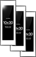 Homeforia 10x30 Picture Frame Black, High End Metal 10x30 Poster Frames with Mat 8x24 for Photo, 10 x 30 Black Frame Matted to 8 by 24 Print, 30x10 Panoramic Frames, Tempered Glass, Wall Kit, Set of 3