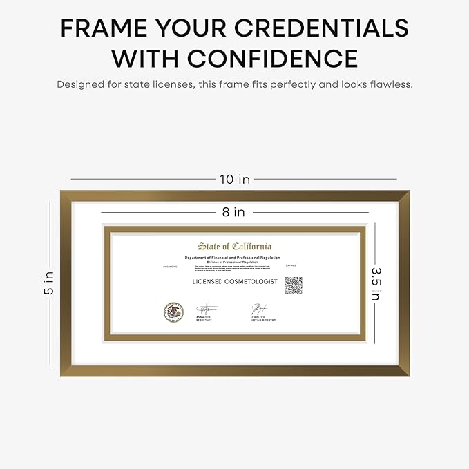 Homeforia 5x10 Business License Frame, High End Metal 5 x 10 Bronze Document Certificate Frames with Mat 4x9, 5by10 Professional License Frames for Wall or Tabletop, Tempered Glass, Wall Kit, Set of 1