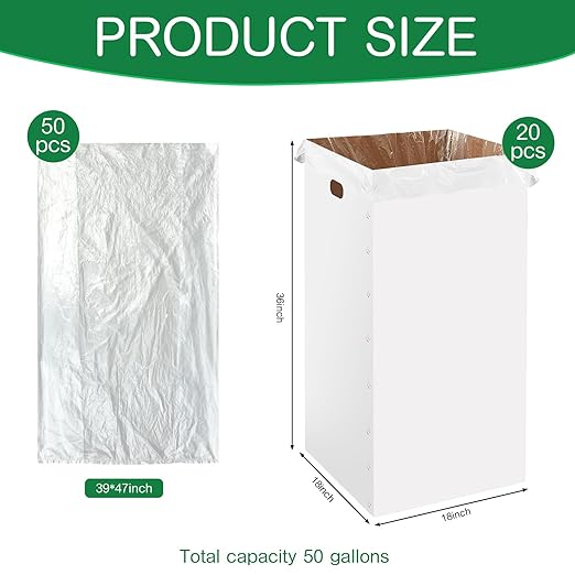 Nosiny 20 Pcs 50 Gallon Corrugated Cardboard Trash Cans for Events, Disposable and Reusable Cardboard Bin Bulk with Trash Bag, Recycling Pop-up Garbage Box, Foldable Waste Container for Party (White)
