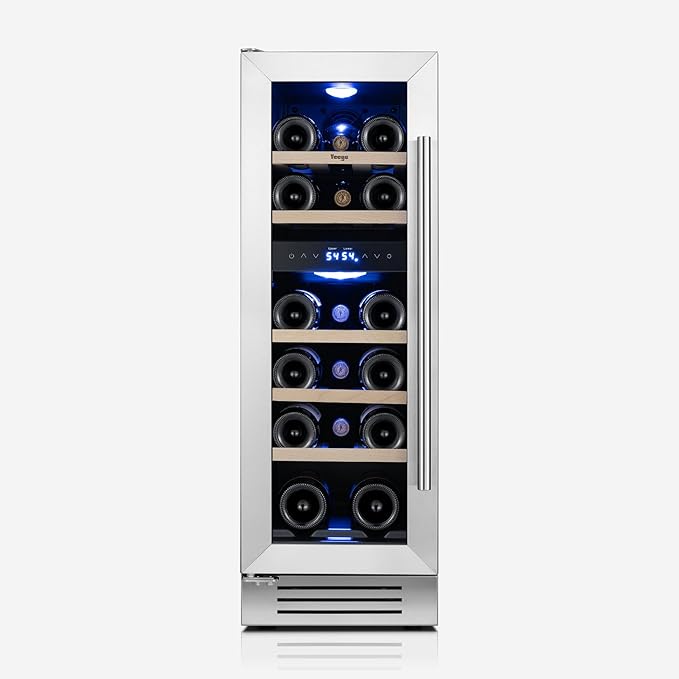 Yeego 12 Inch Wine Fridge Cooler - 17 Bottles Dual Zone Wine Cooler with Glass Door, 40-65℉ Built-In or Freestanding Refrigerator, Under Counter Wine Fridge for Kitchen Bar Office (Left-Hinged)