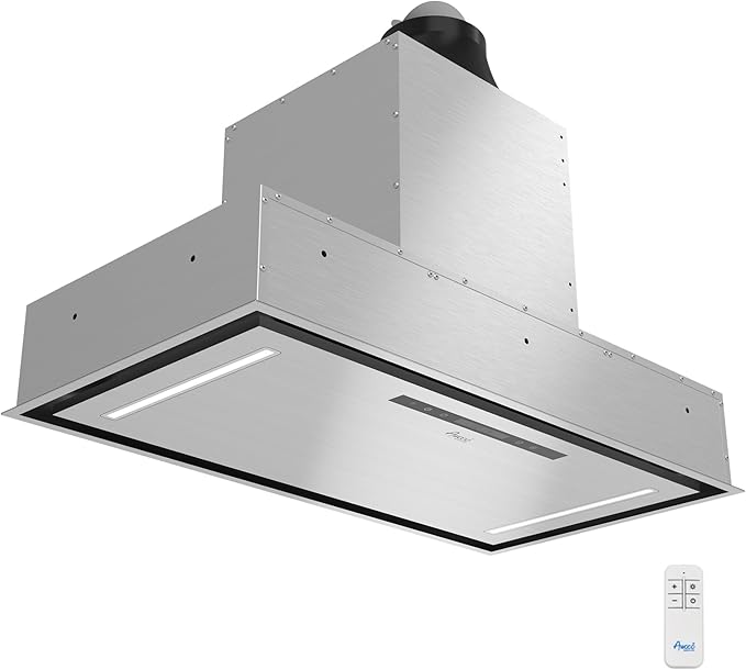 Awoco 36”W Flush Ceiling Mount Insert Island Range Hood, Stainless Steel 4 Speeds 700 CFM, 6” Round Vent LED Lights Remote Control (36"W)