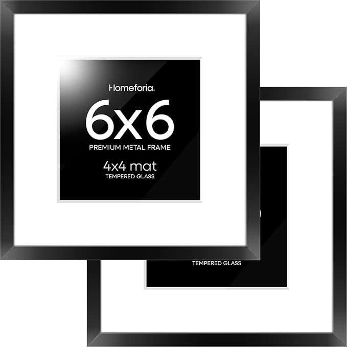 Homeforia 6x6 Black Picture Frame, High End Metal 6 x 6 Square Photo Frames with Mat 4 by 4, 6x6 Poster Frame Matted to 4x4 inch Print, 6by6 Wall or Tabletop Frames, Tempered Glass, Wall Kit, Set of 2
