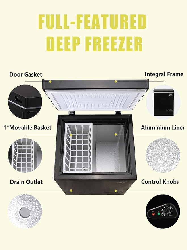 3.5 Cu.Ft Deep Compact Freezer with a Removable Basket, Chest Freezer 7 Gears Temperature Control(-18°F to -46°F), for House, Garage, Kitchen, Basement, Shop, Black