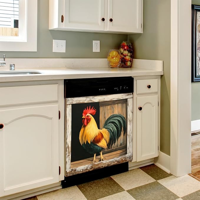 Animal Rooster Wooden Dishwasher Magnet Cover Front Dishwasher Cover Decor Reusable Magnetic Door Cover Panel Decal Home Appliances Stickers Kitchen Refrigerator Fridge 23"x26"