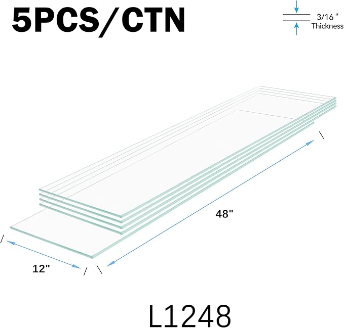 Floating Shelves - Pack of 5 Tempered Glass Shelves, 12" W x 48" L, 3/16" Thick, Polished Edges-– Rectangular Replacement Shelves for Cabinets, Display Cases & Retail Fixtures