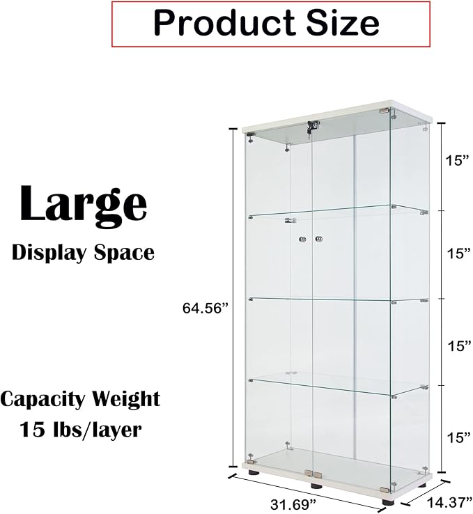 64.5" H 4-Shelf Glass Display Cabinet with Double Door,Modern Curio Cabinet Collection Display Case,Floor Standing Bookshelf Glass Display Case with Lock for Living Room Bedroom (White)