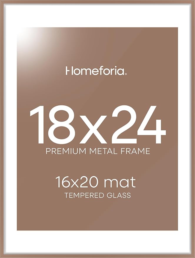 Homeforia 18x24 Poster Frame Mocha, High End Metal 18 x 24 Picture Frames with Mat 16 by 20 inch Photo, 18x24 Mocha Frame Matted to 16x20 Print, 24x18 Hanging Frame, Tempered Glass, Wall Kit, Set of 1