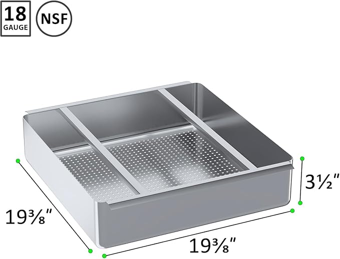 Pre-Rinse Basket with Stainless Steel Slides | Premium Quality Stainless Steel Scrap Basket for Commercial Sinks | 19 3/8" x 19 3/8" x 3.5"