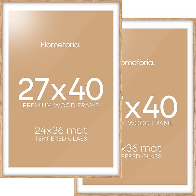 Homeforia Wood Poster Frame 27x40, High End Natural Oak 27 x 40 Large Picture Frame with Mat 24 by 36, 27x40 Light Wooden Frames Matted to 24x36, 40x27 Movie Frames, Tempered Glass, Wall Kit, Set of 2