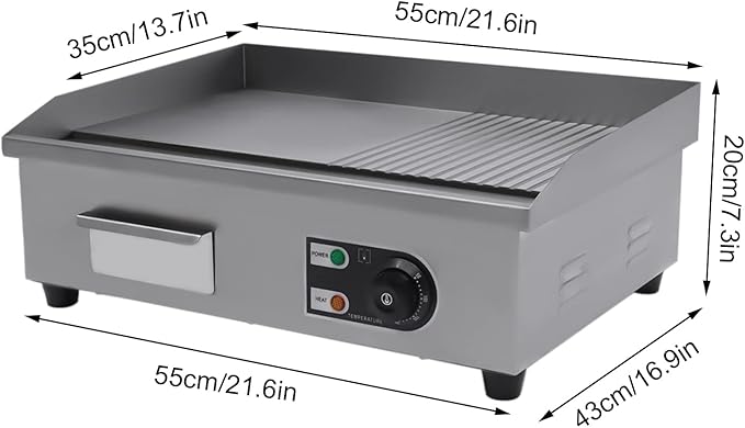 Commercial Countertop Grill 110V 1600W Electric Flat Top Griddle Grill 21.7"x13.8" Flat & Fluted Stainless Steel Flat Top Teppanyaki Griddle Nonstick BBQ Grill Temperature Range 122-572°F