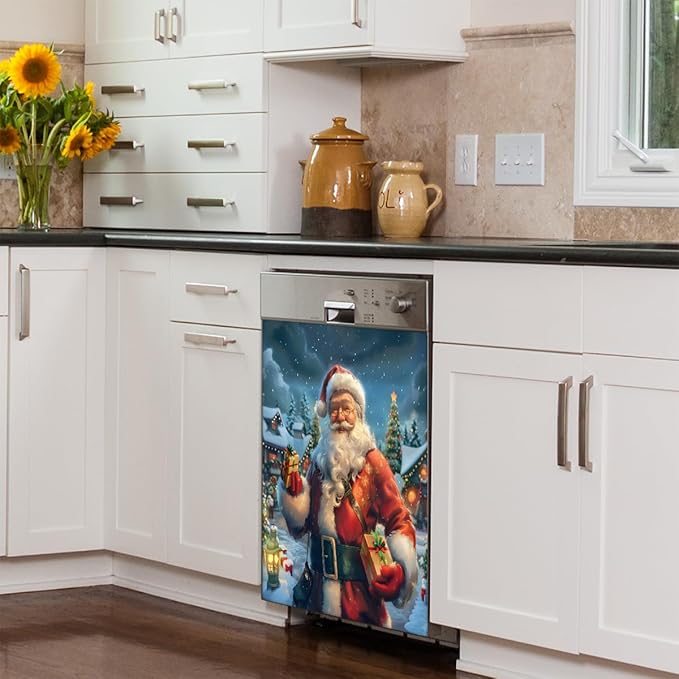 Cute Snow Scene Santa Claus Dishwasher Magnet Cover, Reusable Refrigerator Panel Stickers Microwave Front Door Covers Magnets for Kitchen Home Appliances Holiday Party Decorations 23 X 26 in