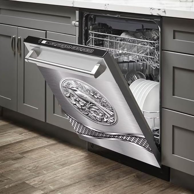 Stainless Steel Design Bird Painting Dishwasher Magnet Cover Sticker,Refrigerator Magnet Cover Decal Fridge Microwave Stickers Kitchen Decor,23 x 17 Inch