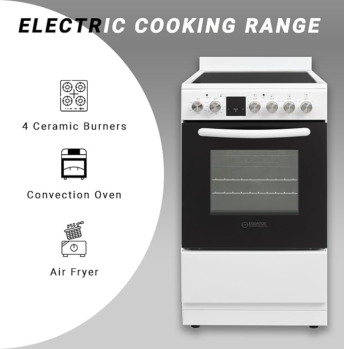 Equator ECR 204 20" Electric Range in WHITE – 4 Ceramic Burners, Convection Oven & Air Fry Function, Compact Freestanding Electric Stove for Apartments, Condos & Tiny Kitchens