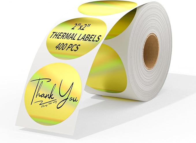 MFLABEL 2" Round Holographic Thermal Labels - 400pcs Gold Waterproof Sticker Roll for Small Business Logo, Compatible with MUNBYN/Rollo/Phomemo (Not for Dymo/Brother)