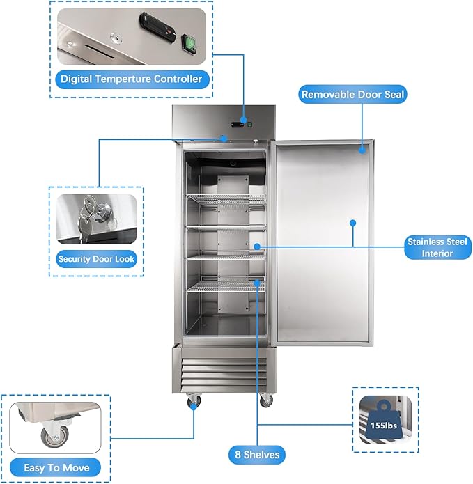 JINSONG 27" Commercial Reach-In Freezer, 23 Cu.Ft Stainless Steel Single Solid Door Freezer with 4 Adjustable Shelves & 4 Casters, for Restaurant, Bar, Shop, Home
