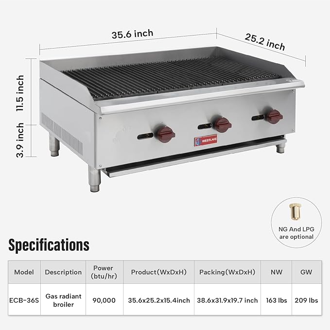 WESTLAKE 36"W Commercial Charbroiler Gas Countertop 3 Burner Natural Gas and Propane 90,000 BTU Char Broiler Stainless Steel BBQ Stove Grill for Restaurants
