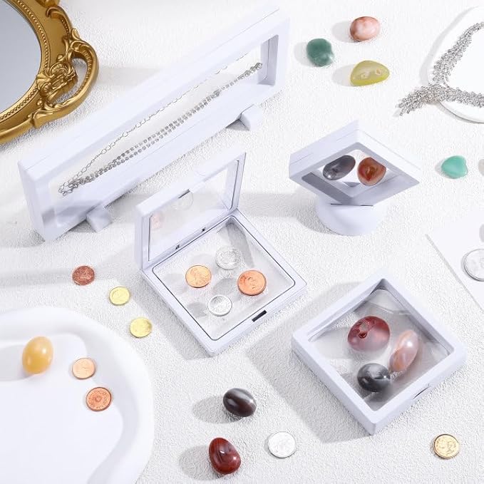 30 Pack 3D Floating Display Stand Floating Frame Display Case Coin Display Holder with Base Transparent PE Jewelry Storage Box Black Freeze Seal Frame for Jewelry,Specimen,Medallions( White)