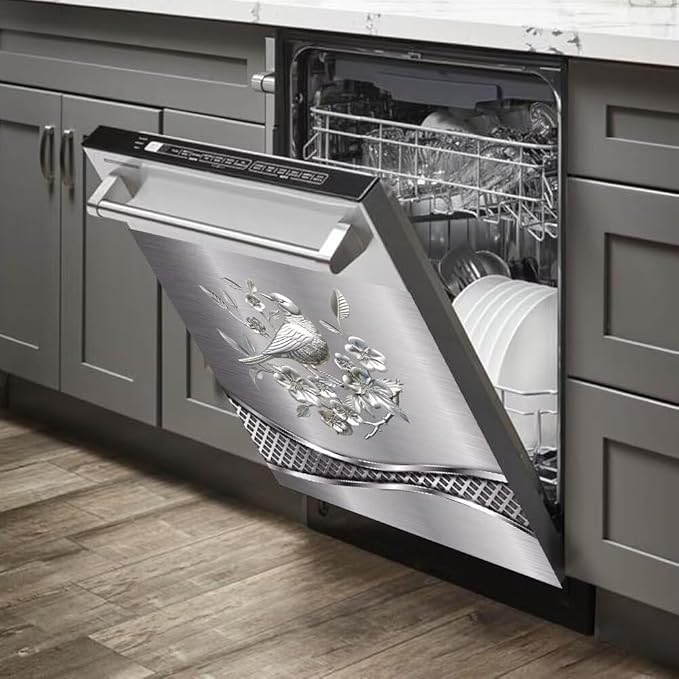 Imitation Stainless Steel Design Bird Painting Kitchen Decorative Dishwasher Cover Magnet Sticker,Fridge Panel Door,Refrigerator Decal Home Decor 23x26inch