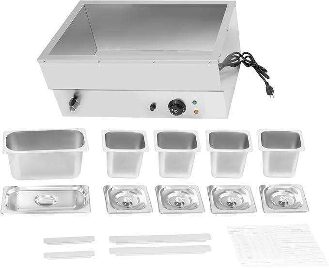 5 Pan Commercial Food Warmer,110V Electric Stainless Steel Steam Food Warmer with Lid,Electric Bain Marie Countertop with Temperature Control for Catering,Restaurant,Party (Small 5-Pan)