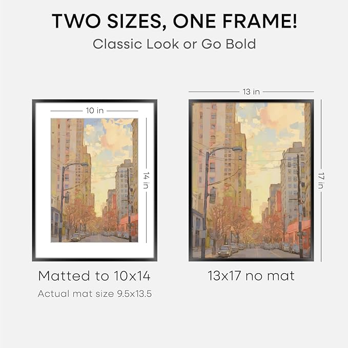 Homeforia 13x17 Picture Frame Black, High End Metal 13x17 Poster Frames with Mat 10x14 for Photo, 13 x 17 Black Frame Matted to 10 x 14 inch Print, 17x13 Thin Frame, Tempered Glass, Wall Kit, Set of 3