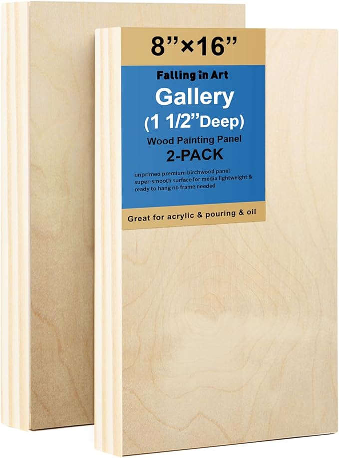 Falling in Art 2 Pack Unfinished Wooden Canvas Panels, 8x16 Gallery Birch Wood Panels Kit, 1 1/2" Deep Art Cradle Boards for Acrylic Painting, Pouring and Burning