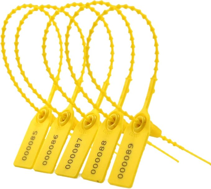 100 Plastic Tamper Seals, Zip Ties for Fire Extinguishers Pull Tite Security Tags Numbered Disposable Self-Locking Tie 250mm Length (Yellow)