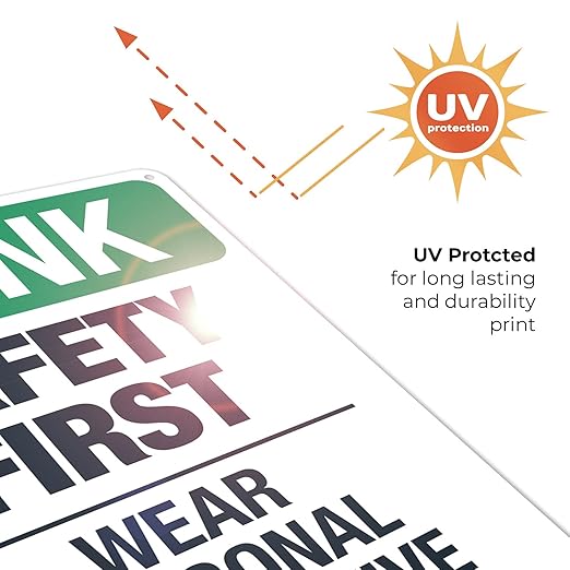 Think Safety First Wear Personal Protective Equipment Sign, 10x14 Inches, 55 mil Thick HDPS (high Density polystyrene), Made in USA