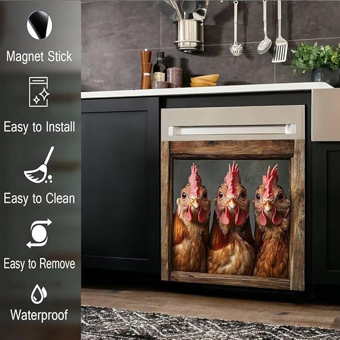 Country Rooster Dishwasher Magnet Cover, Farm Hen Dishwasher Cover for Kitchen Decoration, Chicken Magnetic Refrigerator Magnet Cover Funny Fridge Decal, 23"X17"