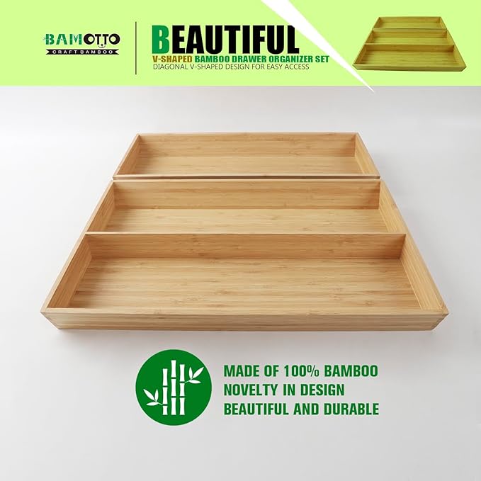 V-Shaped 2-Pack 19.6" Long Bamboo Drawer Organizer Box - Easy Reach Kitchen Utensil Flatware Silverware Cooking Tools Storage for Home Bedroom Bathroom (19.6"x12.4"/19.6"x7.8")
