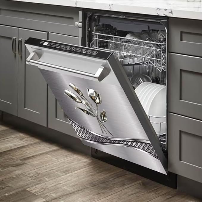 Imitation Stainless Steel Flower Wallpaper Dishwasher Cover Decorative Magnetic Sticker Kitchen Refrigerator Covers for The Front Fridge Door Magnet 23W x 26H inchs