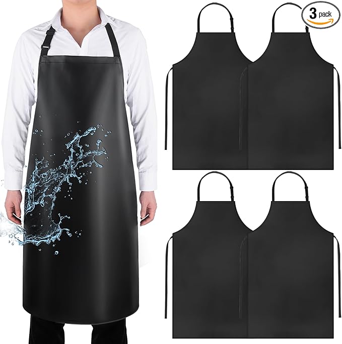 Gotega 3 Pack Waterproof Rubber Vinyl Apron Adjustable Bib Apron - Cooking Kitchen Apron for Women Men Chef Heavy Duty Work Apron for Dishwashing Lab Butcher Black
