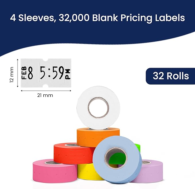 Perco 1 Line Multicolored Sleeves—32 Rolls, 4 Sleeves, 32,000 Labels for Perco Lite, X, Plus & Pro Guns—Includes White, Yellow, Blue, Lavender & Fluorescent Colors (Red Green Pink Orange)—Made in USA
