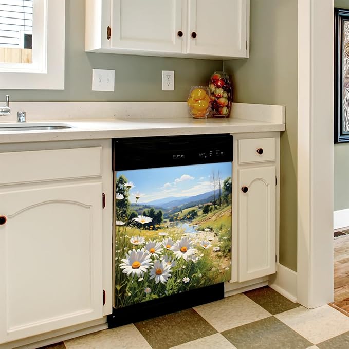 Spring Daisies Dishwasher Magnet Cover for Front Dishwasher Door Cover Panel Decals Home Cabinet Decals Kitchen Appliance Decor for Kitchen Farmhouse Home Decor, Kitchen Idea 23" x 26"