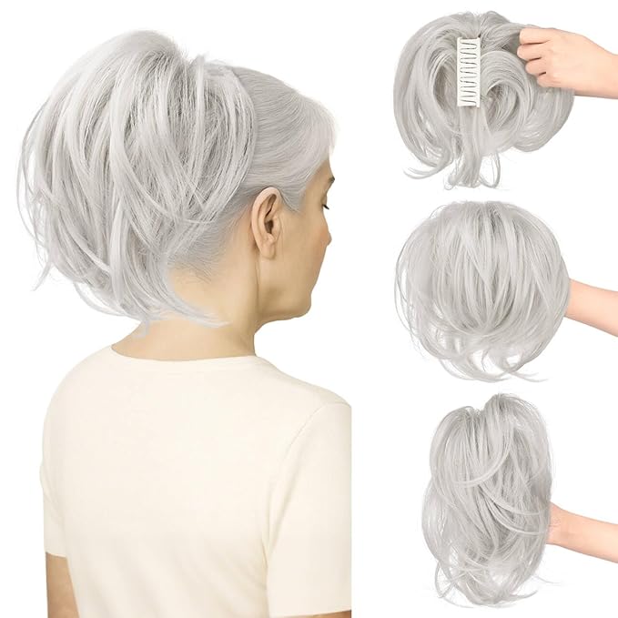 SOFEIYAN Claw Clip Short Ponytail Extension DIY Bendable Wires Hair Bun Fluffy Fake Hair Piece Straight Synthetic Hair Ponytail Extensions for Wonen