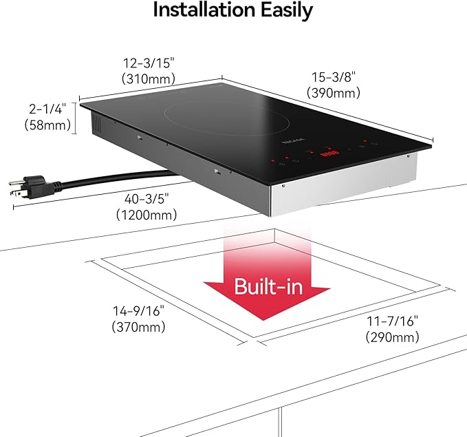 Built-in Induction Cooktop, TECASA 1800W Induction Hob Sensor Touch with 9 Power Levels, 120V Plug-in Single Stove Top Burner with Kids Lock & Timer for Apartment