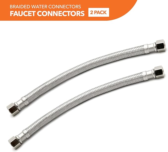 Stainless Steel Braided Water Connectors with Reinforced PVC Inner Hose for Faucets, 3/8" Compression x 3/8" Compression, 12" Length (2Pack)