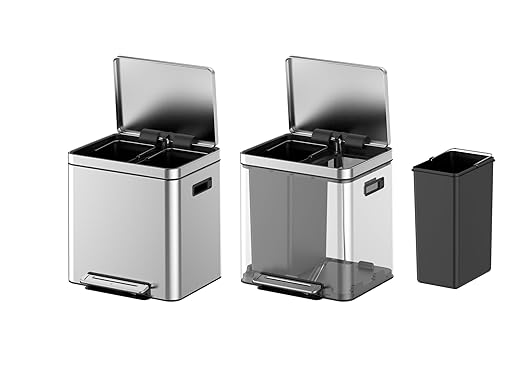 Dual Compartment Kitchen Trash Can with Lid 30l, Stainless Steel Step Trash Can with 2 Buckets, Soft-Close Foot Pedal Recycling Bin, Fingerprint-Resistant for Home, Kitchen, Office Waste Sorting