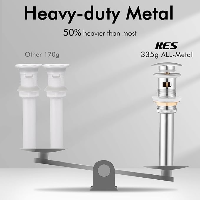 KES Bathroom Sink Drain with Overflow Vessel Vanity Sink Pop Up Drain Stopper Polished Chrome, ALL Metal Rustproof Brass and 304 Stainless Steel, S2008A-CH